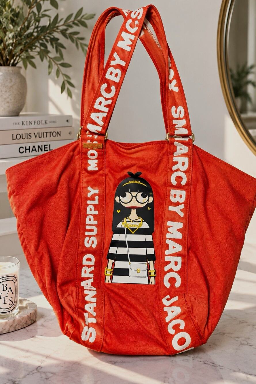 Marc by Marc Jacobs large Tote Bag Logo Print Magnetic Snap Zip Pockets Gold HW